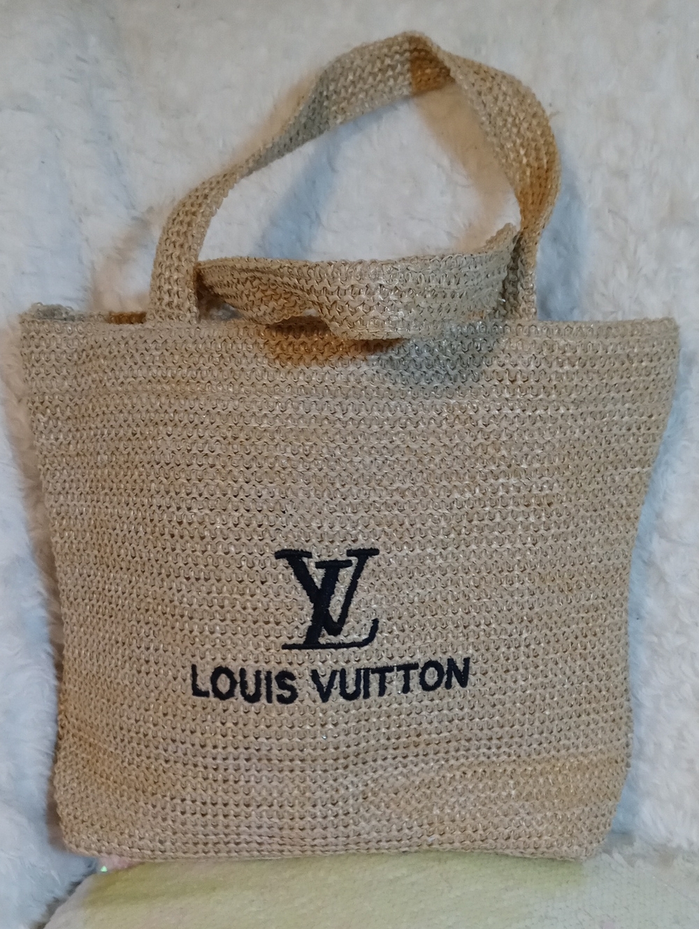 Louis Vuitton Natural Beige Straw Crochet Tote with Black Logo
